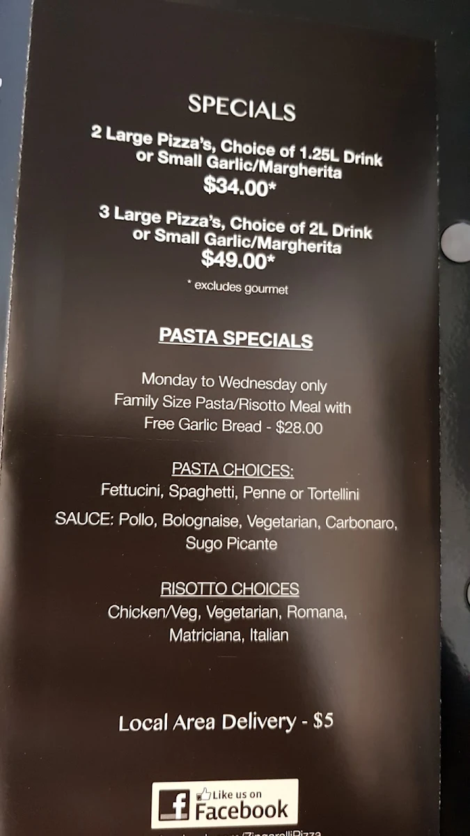 Menu, Zingarelli Pizza