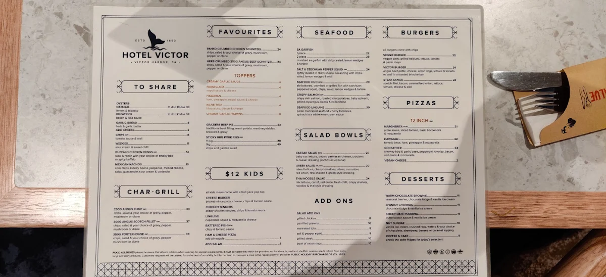 Menu, Hotel Victor
