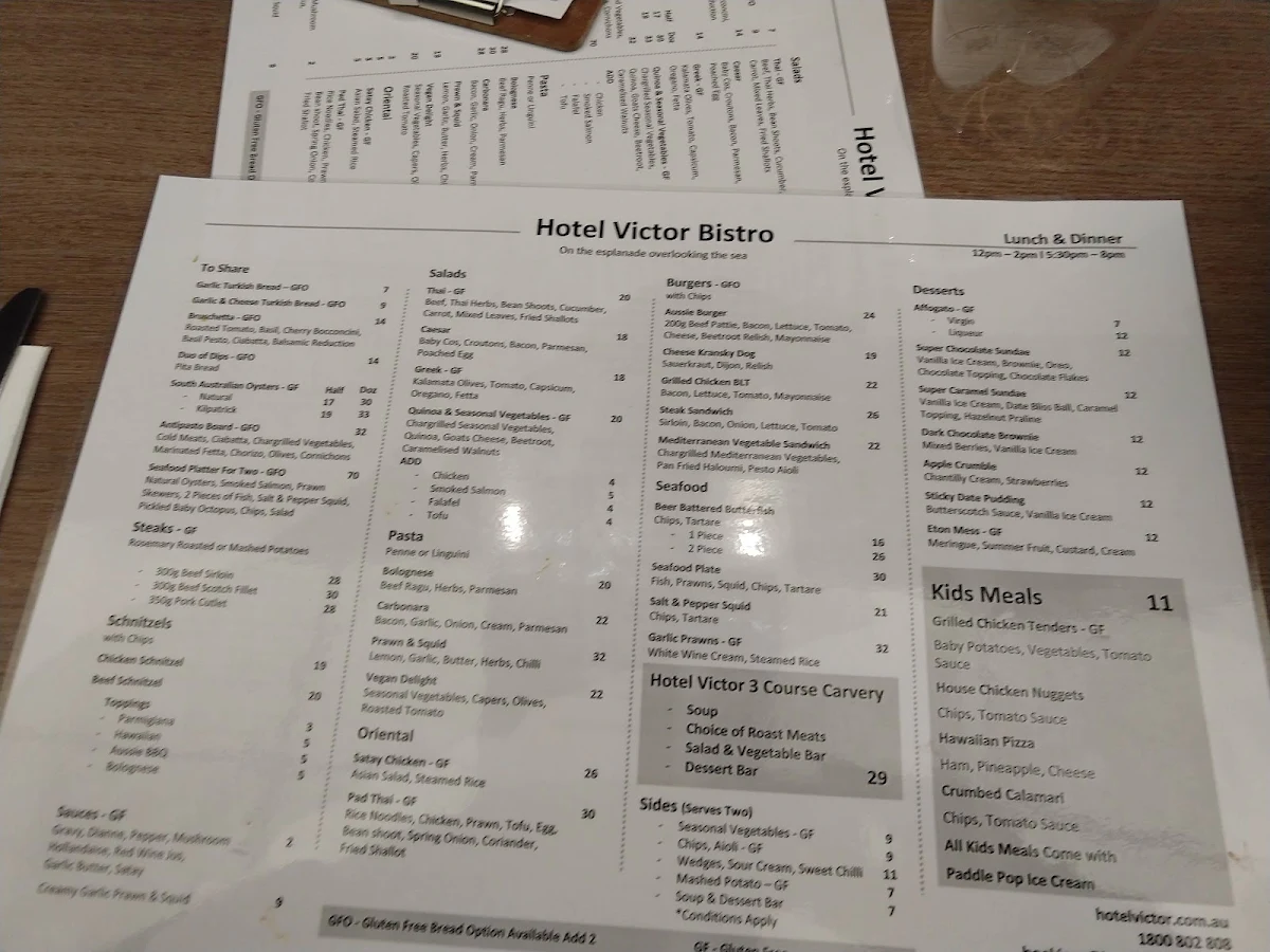 Menu, Hotel Victor