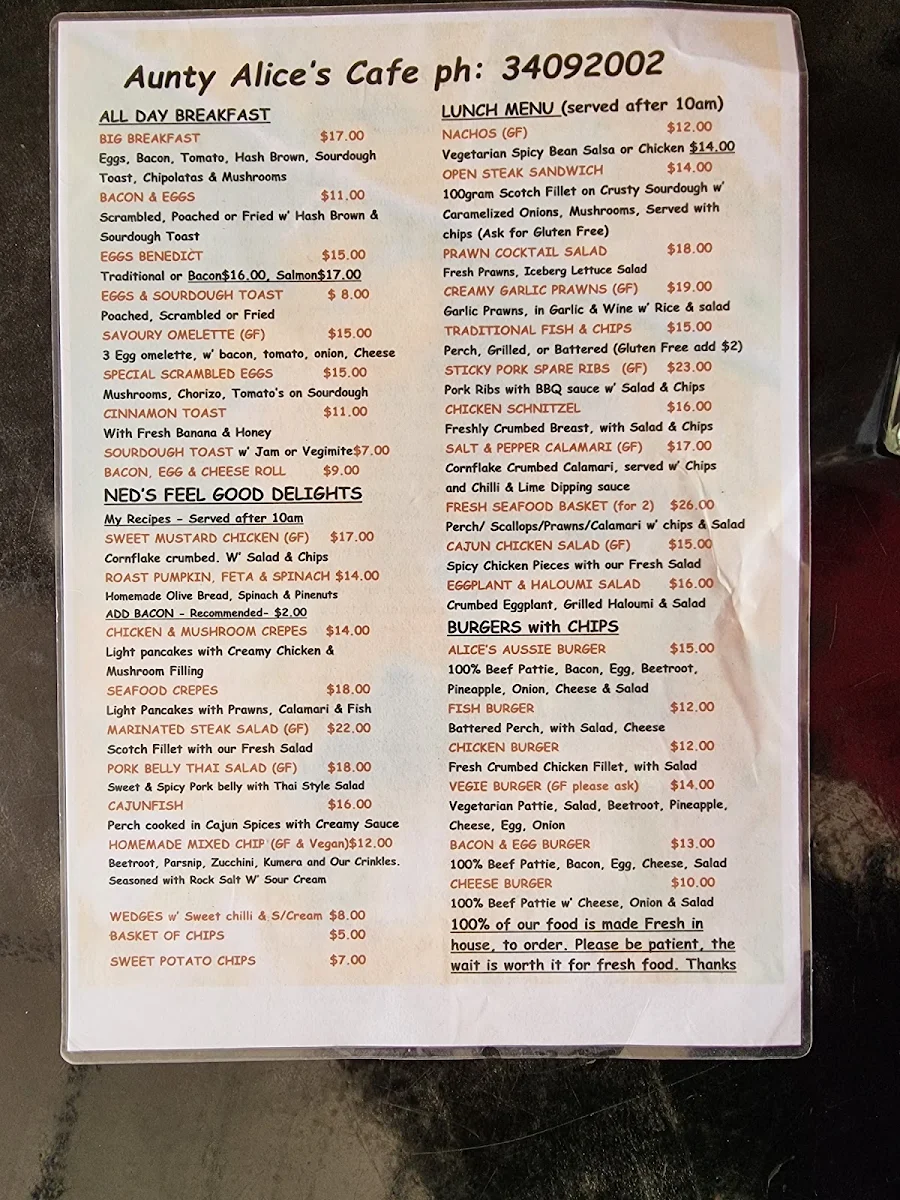 Menu, Aunty Alice's Café