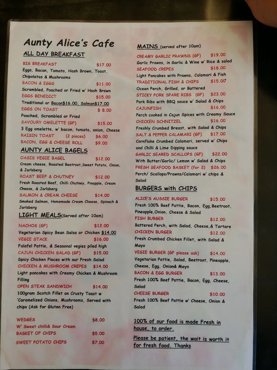 Menu, Aunty Alice's Café