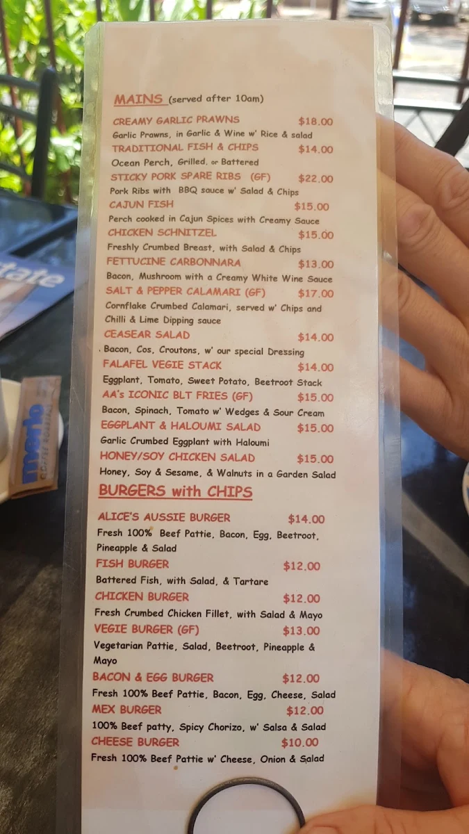Menu, Aunty Alice's Café