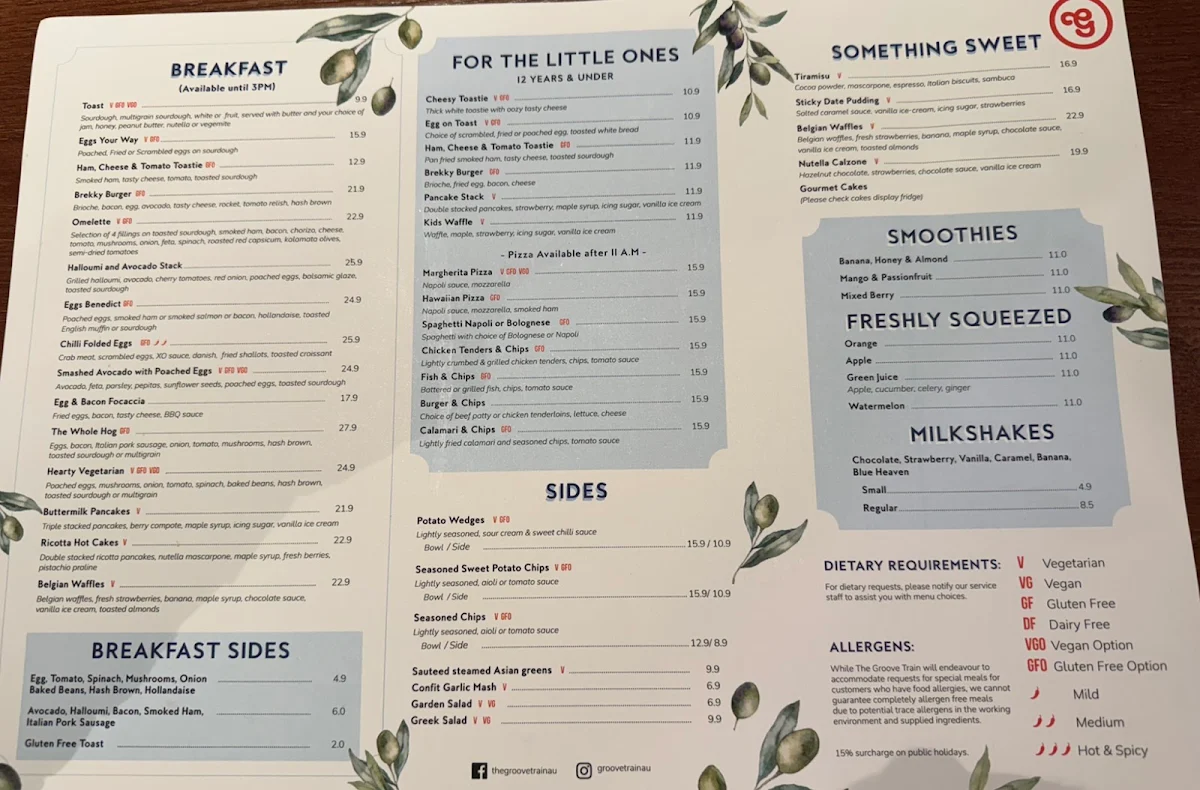 Menu, The Groove Train Blackburn