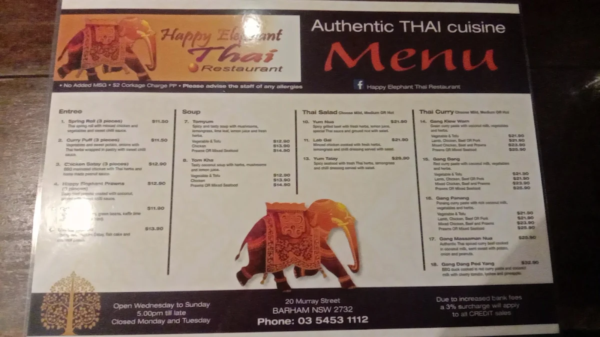 Menu, Happy Elephant Thai