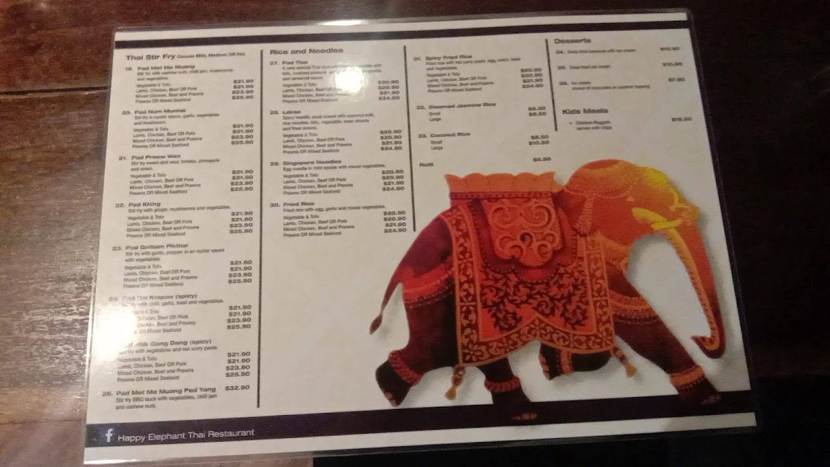 Menu, Happy Elephant Thai