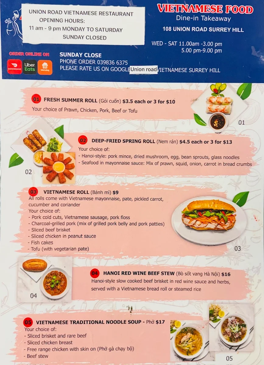 Menu, Union road Vietnamese Restaurant