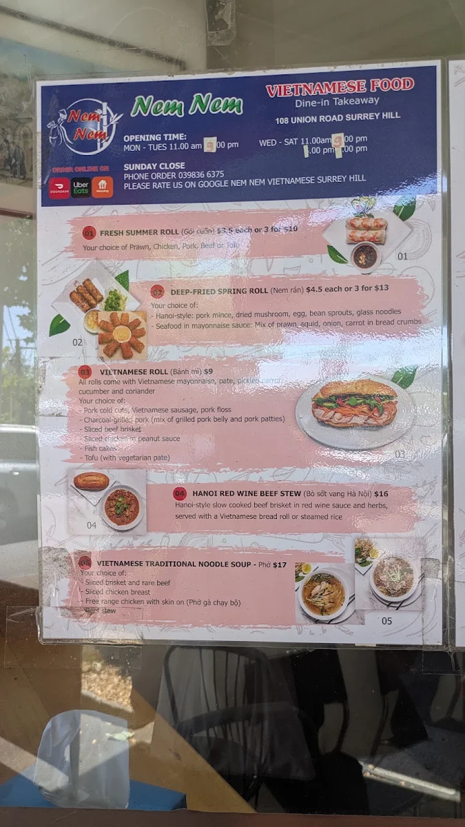 Menu, Union road Vietnamese Restaurant