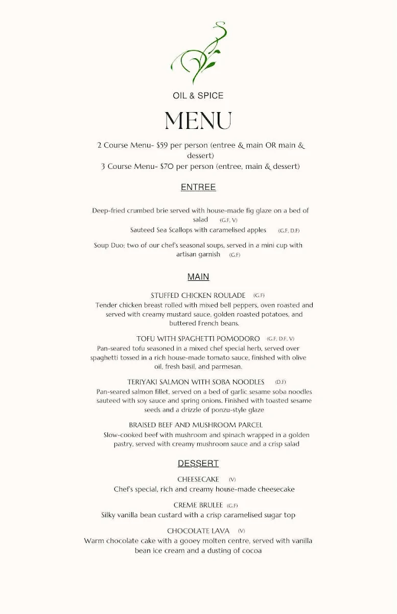 Menu, Oil & Spice Cafe and Restaurant
