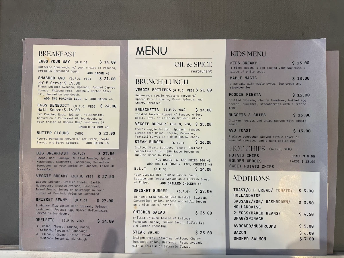 Menu, Oil & Spice Cafe and Restaurant