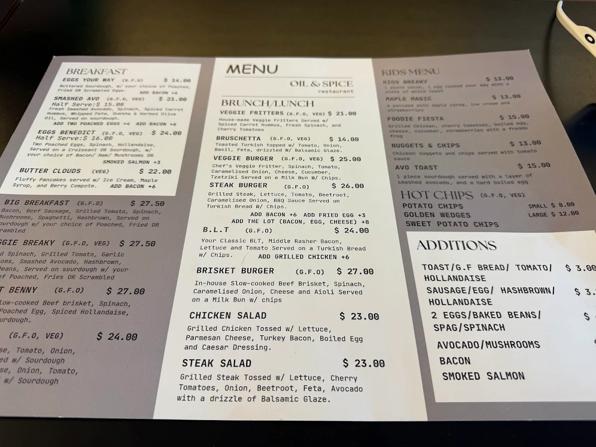 Menu, Oil & Spice Cafe and Restaurant