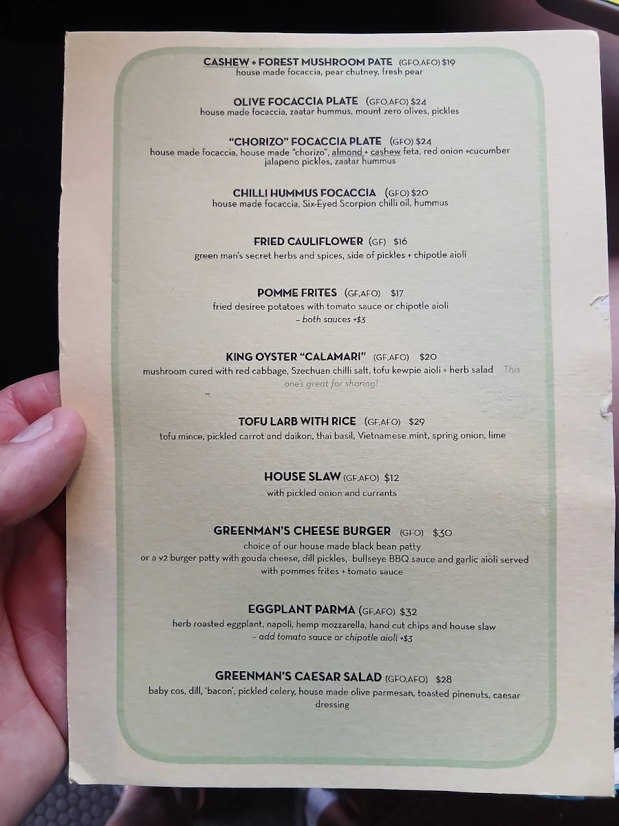 Menu, Green Man's Arms