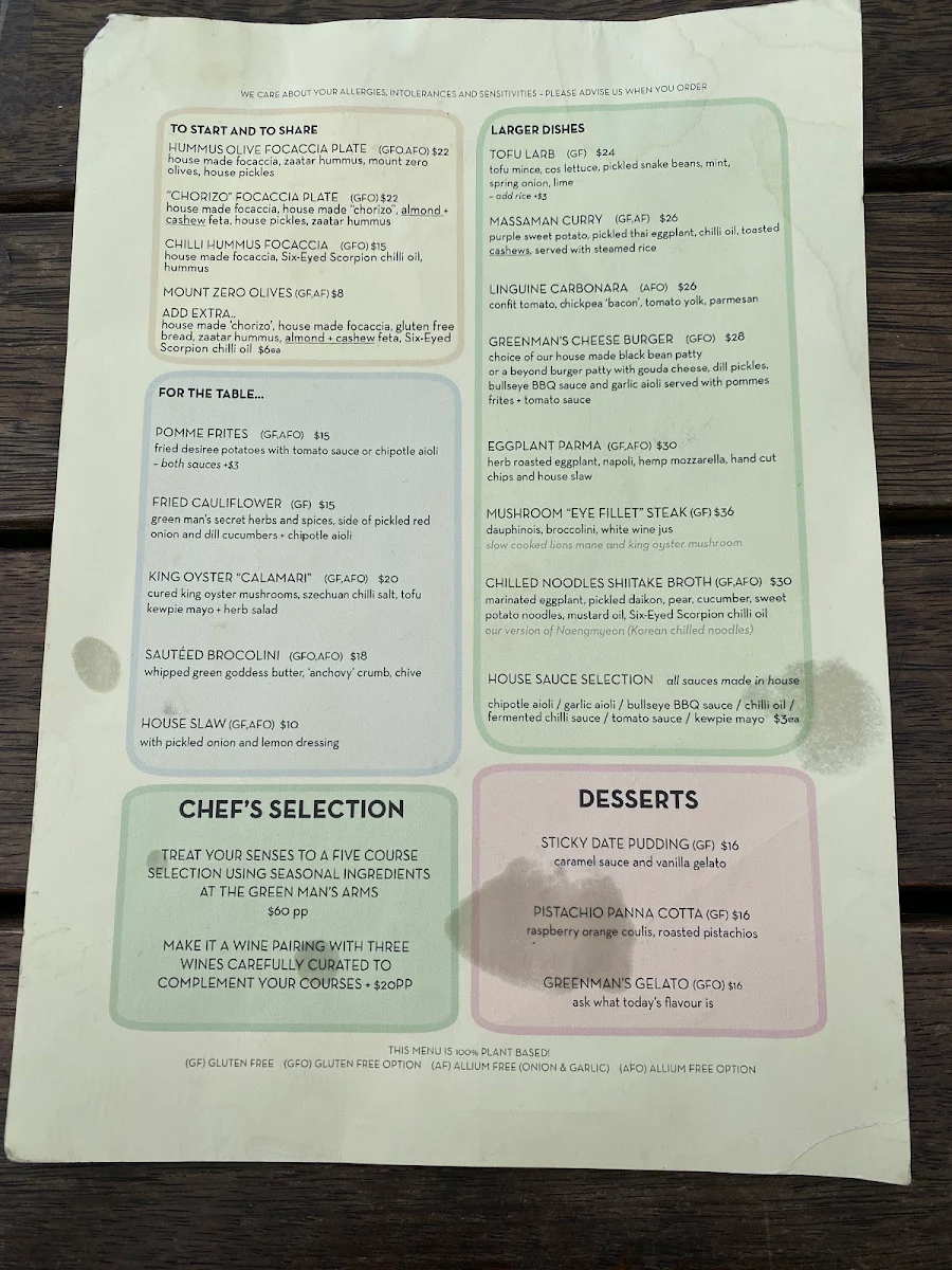 Menu, Green Man's Arms