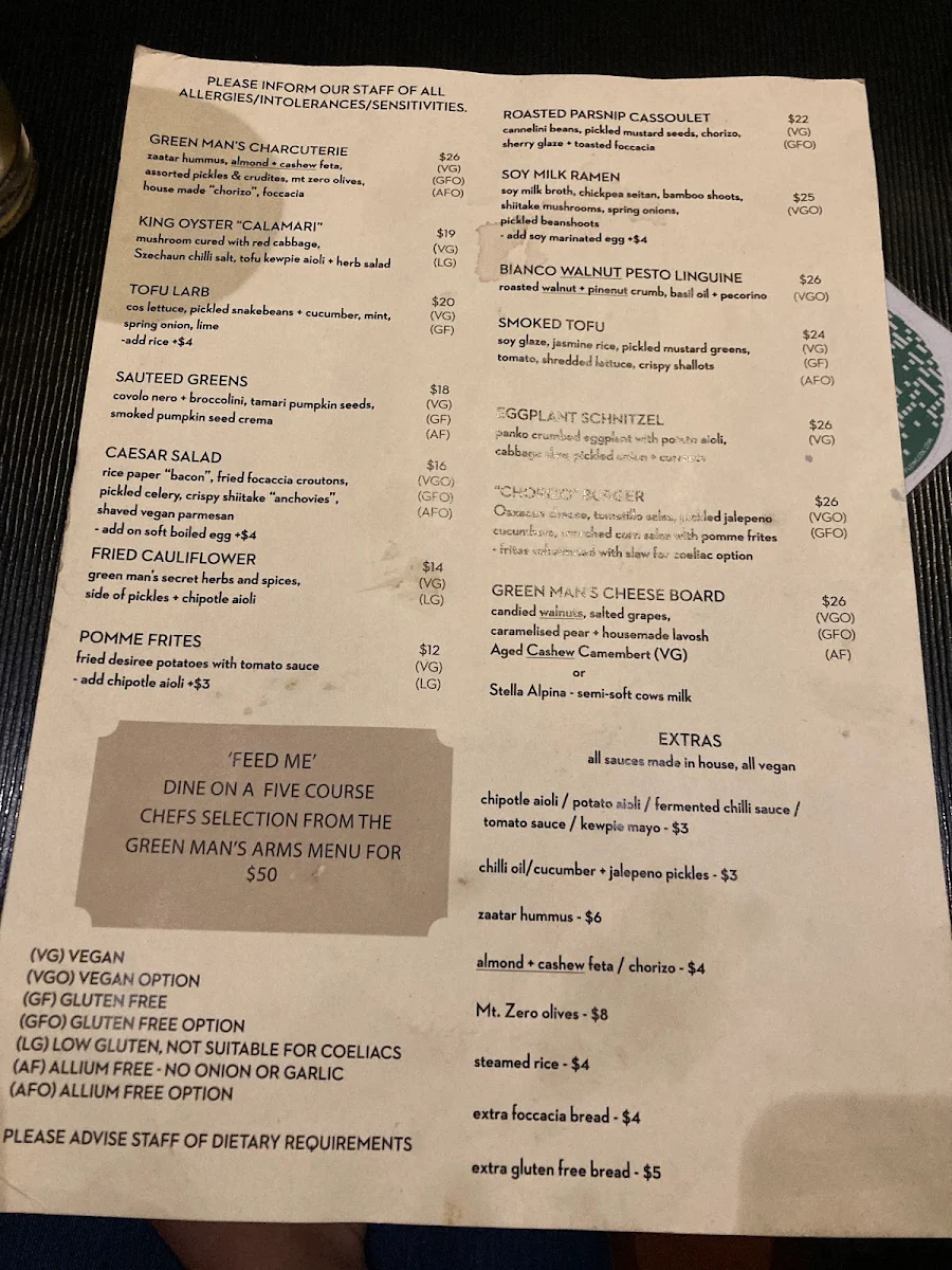 Menu, Green Man's Arms