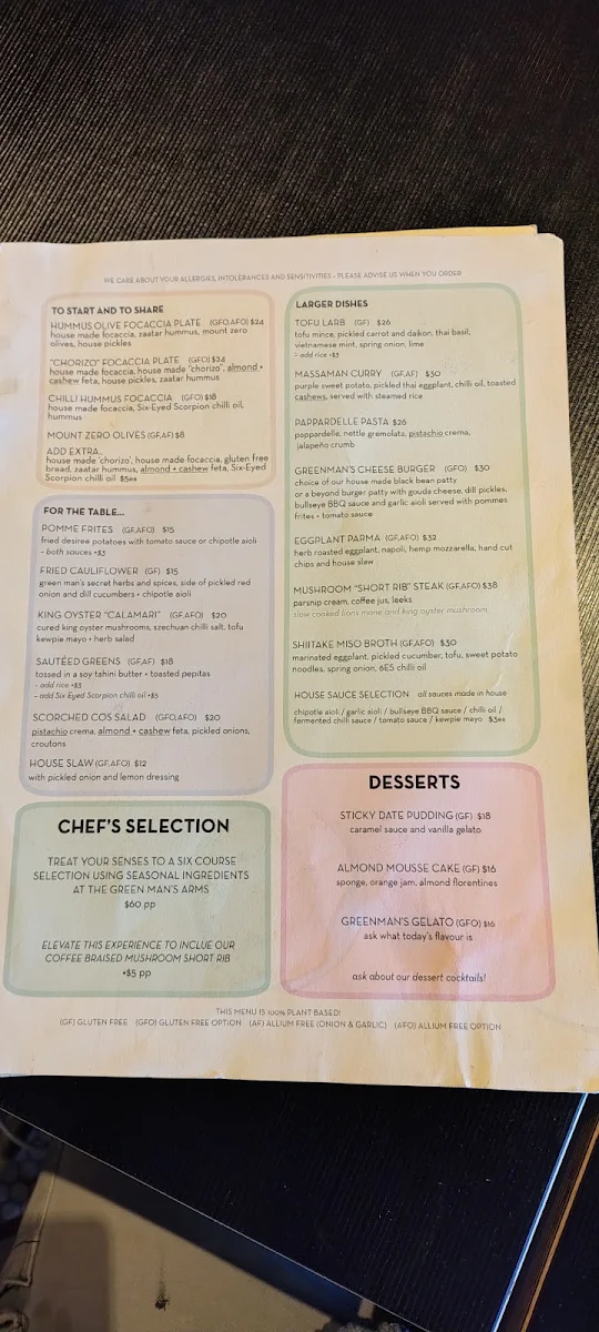 Menu, Green Man's Arms