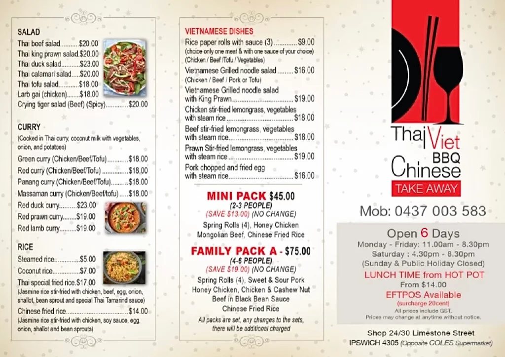 Menu, Thai Viet BBQ Chinese Takeaway