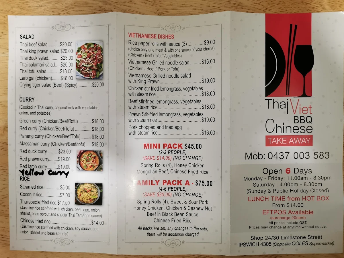 Menu, Thai Viet BBQ Chinese Takeaway