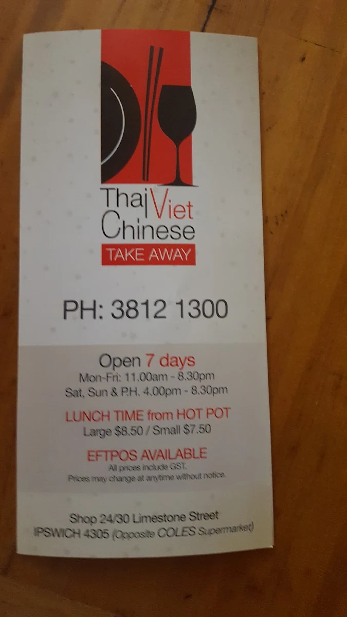 Menu, Thai Viet BBQ Chinese Takeaway