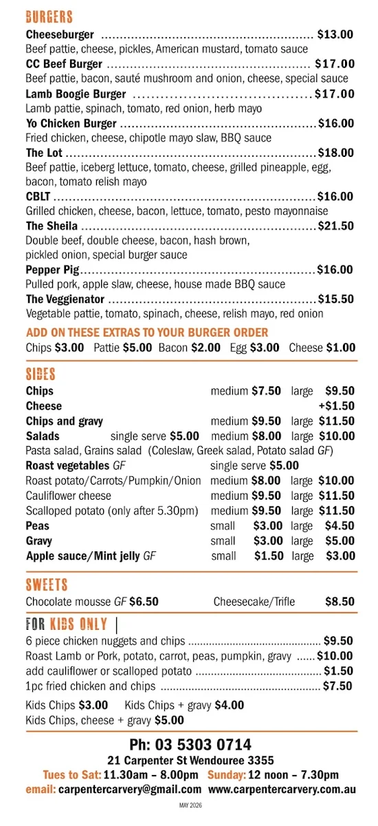Menu, Carpenter Carvery