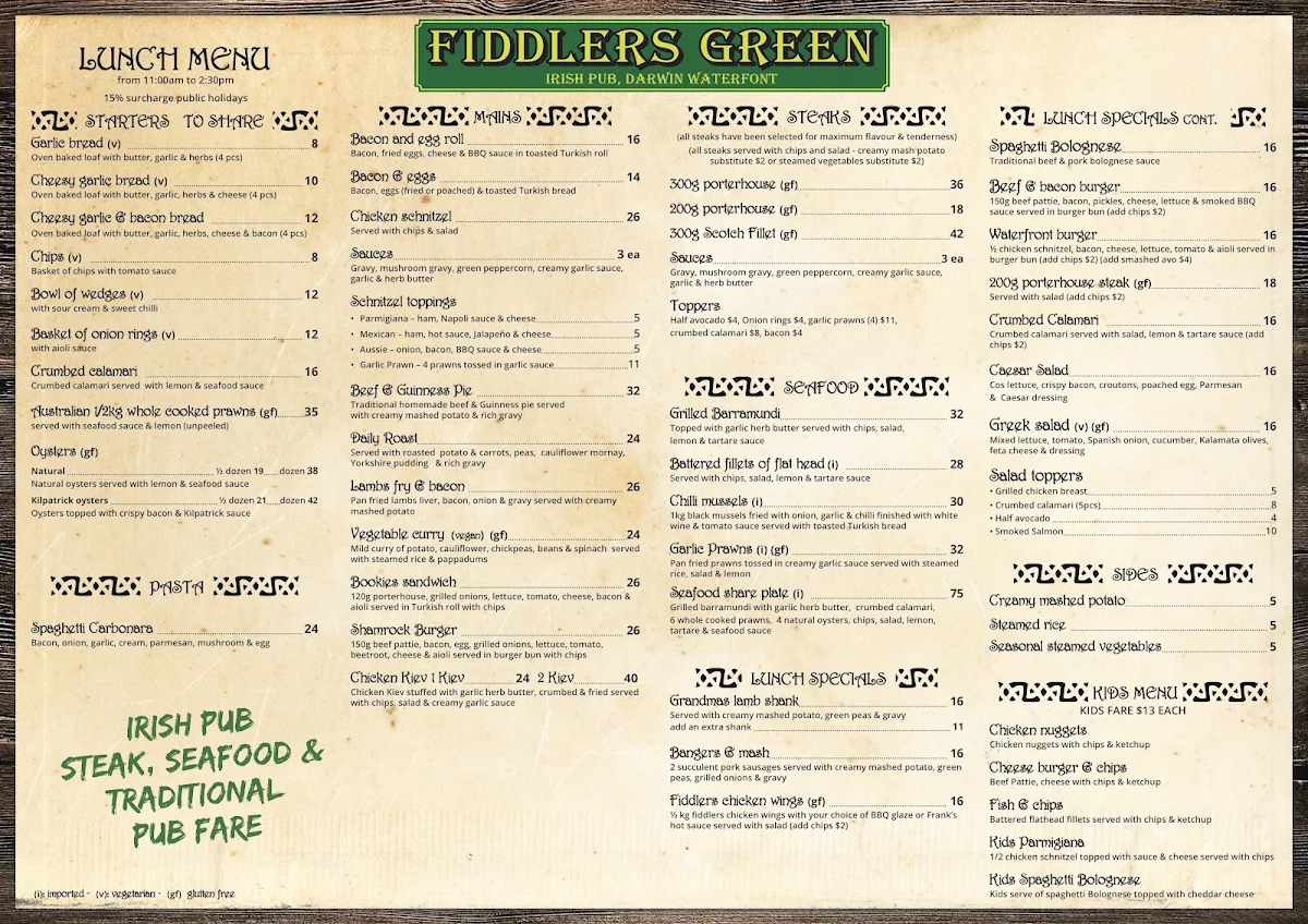 Menu, Fiddlers Irish Pub