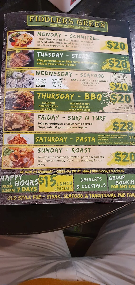 Menu, Fiddlers Irish Pub