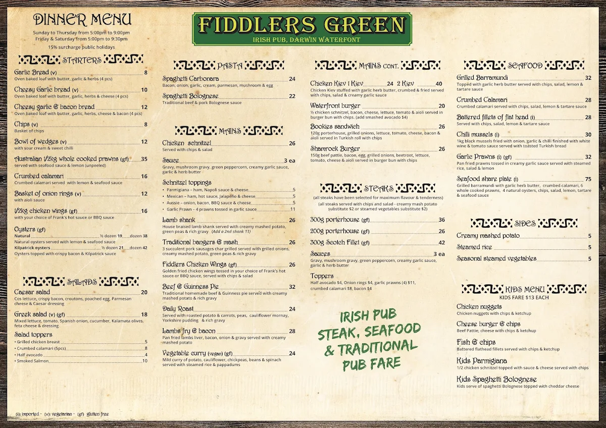 Menu, Fiddlers Irish Pub
