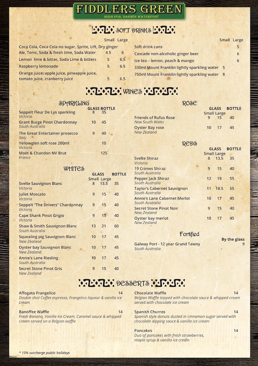Menu, Fiddlers Irish Pub