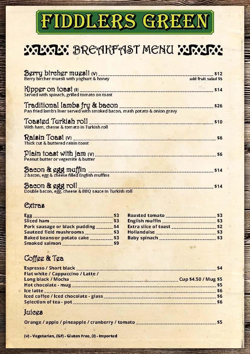 Menu, Fiddlers Irish Pub