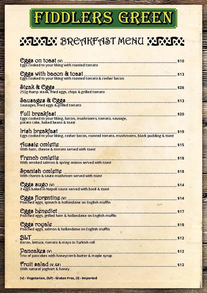 Menu, Fiddlers Irish Pub