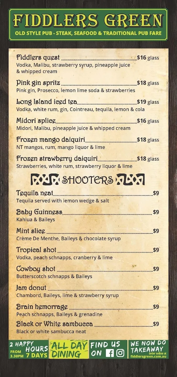 Menu, Fiddlers Irish Pub