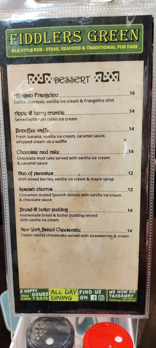 Menu, Fiddlers Irish Pub