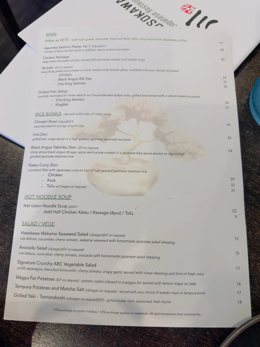 Menu, Hosokawa Japanese Restaurant