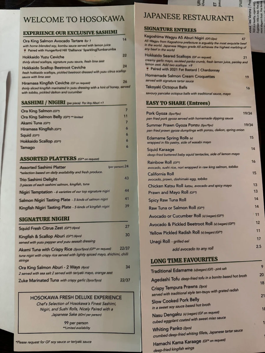Menu, Hosokawa Japanese Restaurant