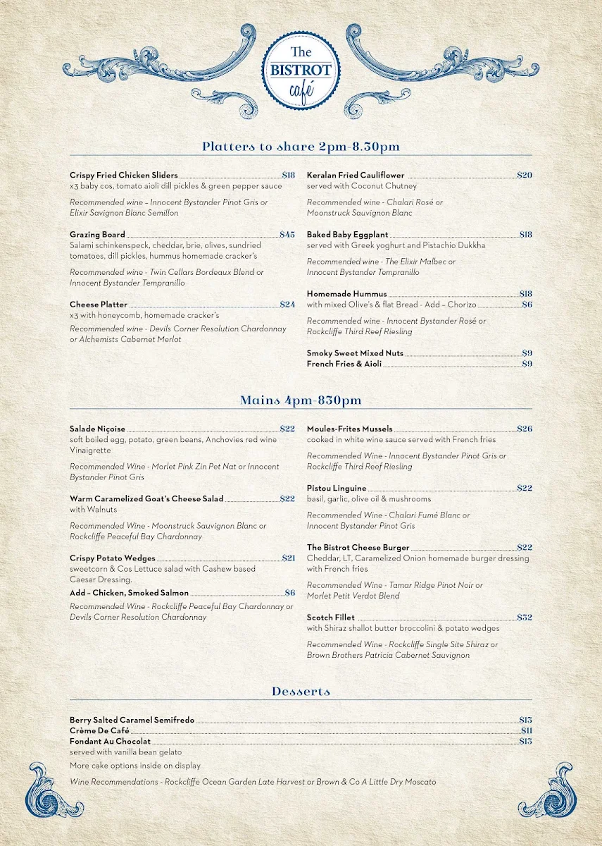 Menu, The Bistrot Cafe Freo
