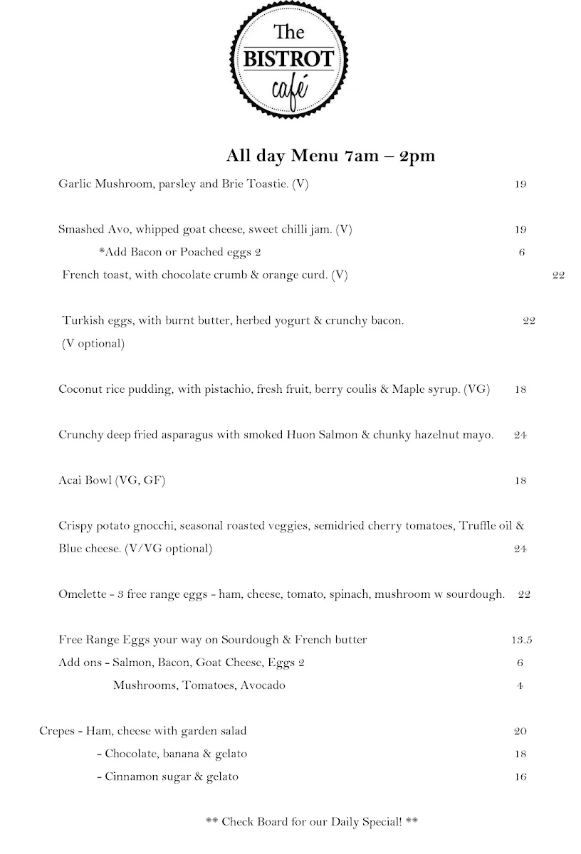 Menu, The Bistrot Cafe Freo