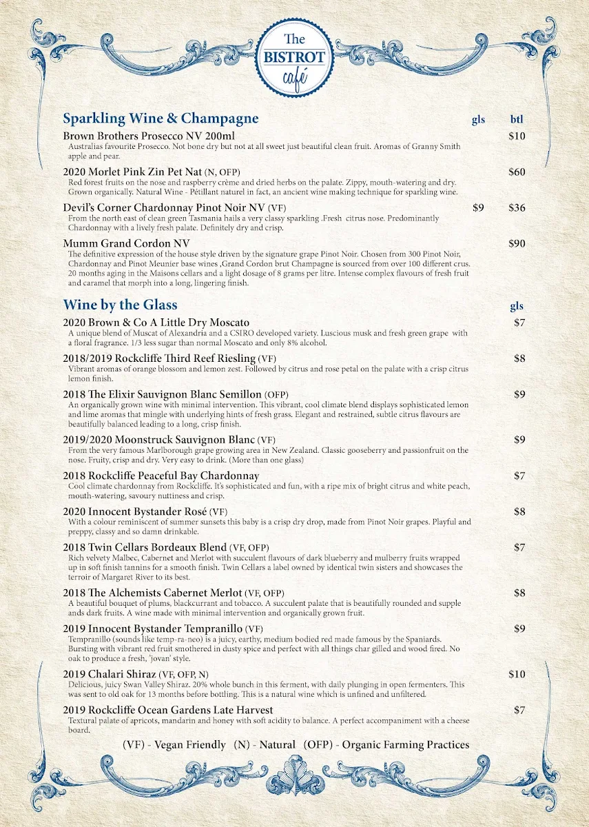 Menu, The Bistrot Cafe Freo