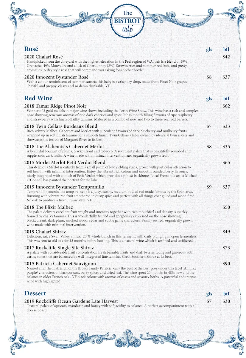 Menu, The Bistrot Cafe Freo