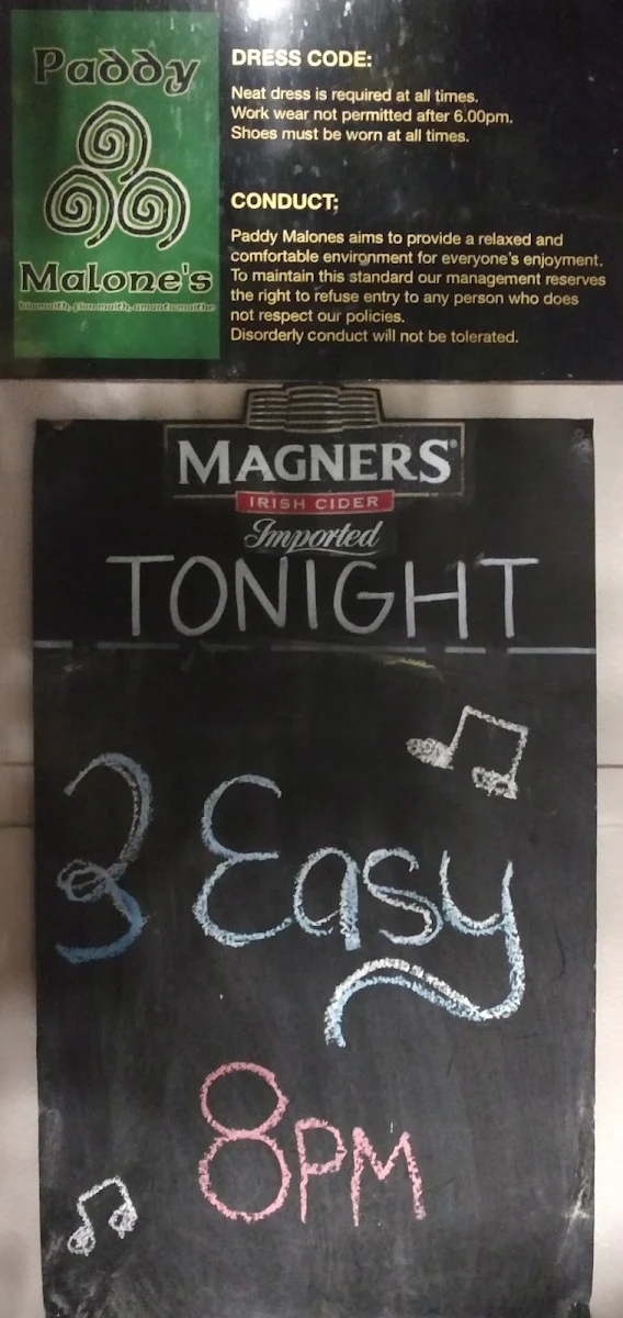 Menu, Paddy Malone's