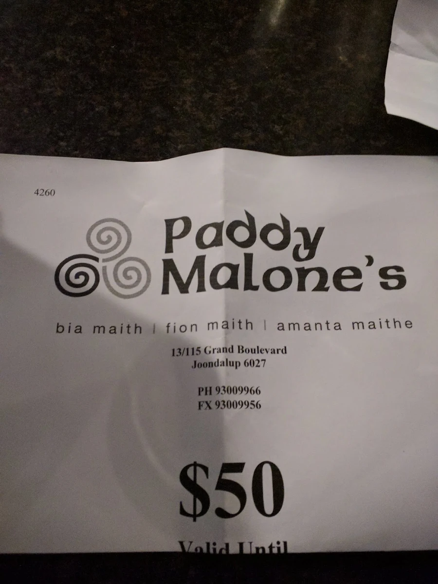 Menu, Paddy Malone's