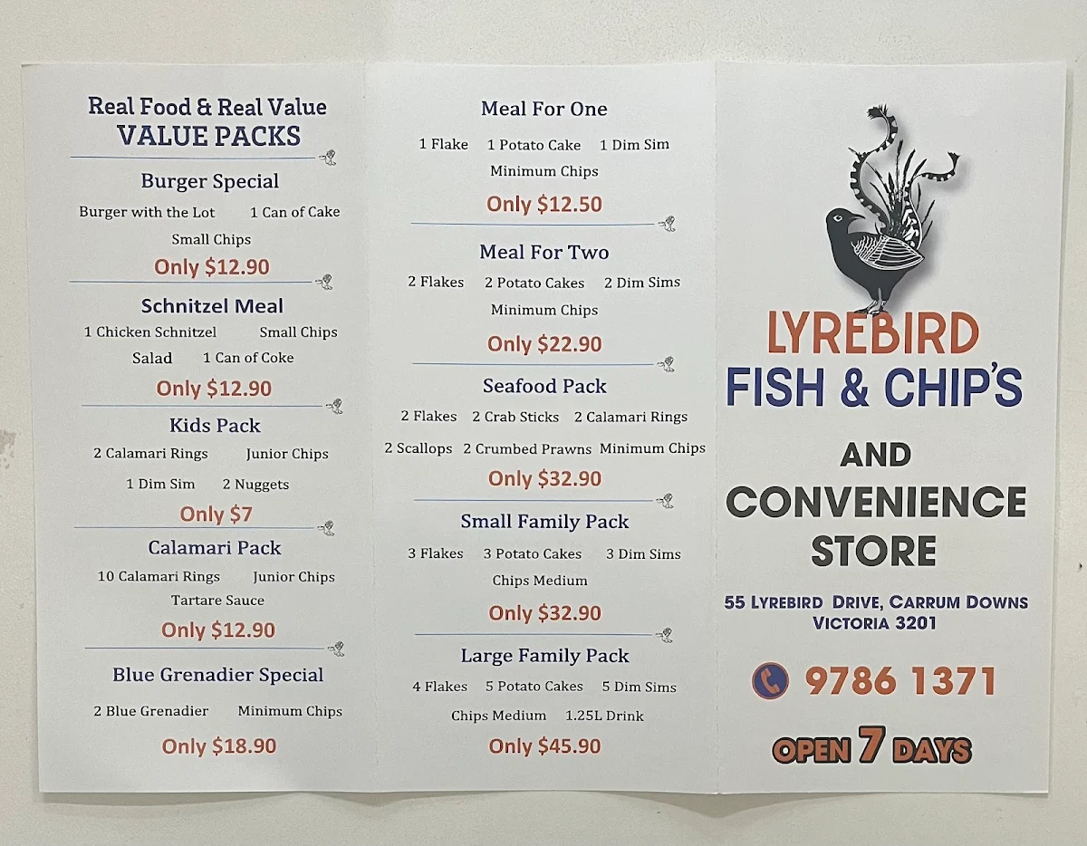 Menu, Lyrebird Fish n Chips and Convenience Store
