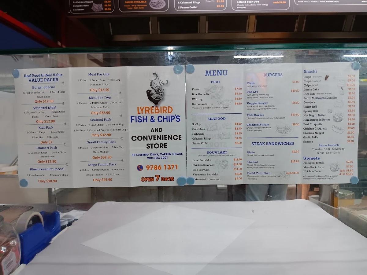 Menu, Lyrebird Fish n Chips and Convenience Store