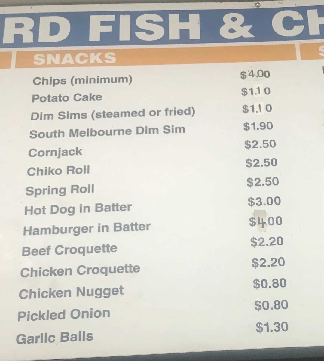 Menu, Lyrebird Fish n Chips and Convenience Store