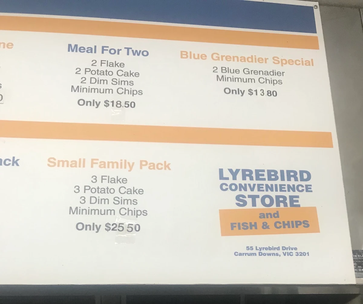 Menu, Lyrebird Fish n Chips and Convenience Store
