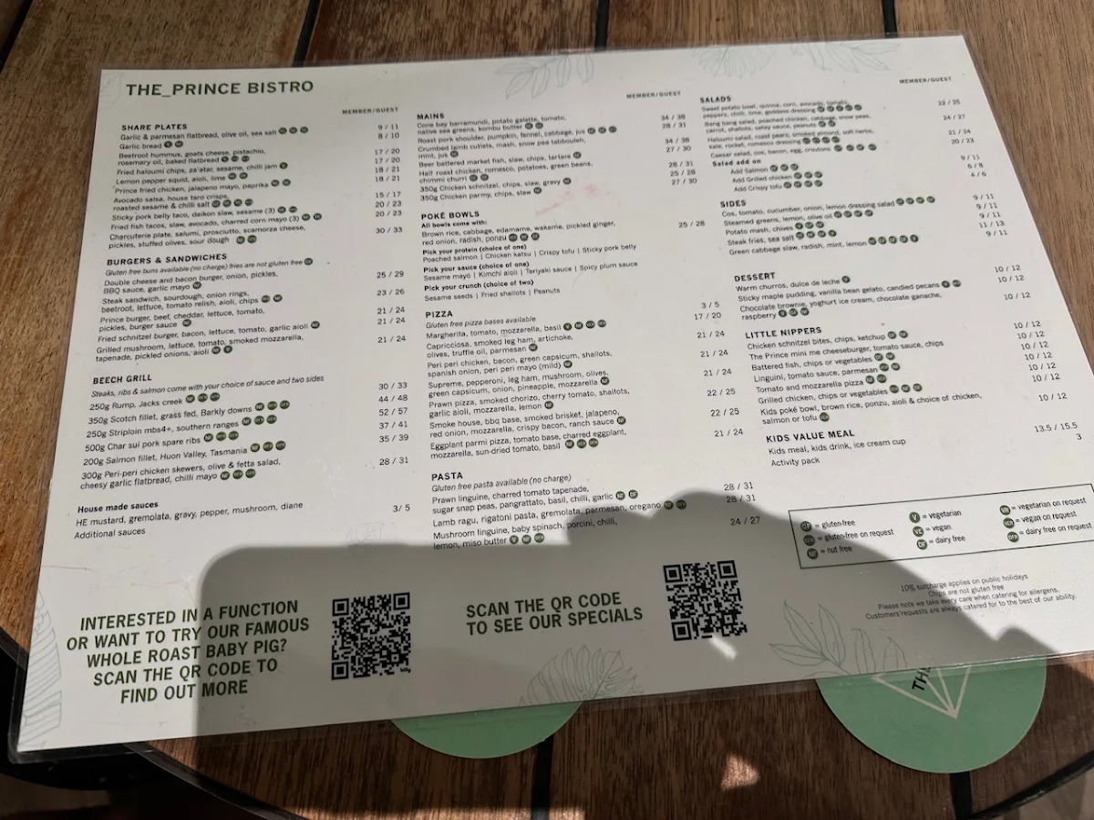 Menu, The Prince Kirrawee