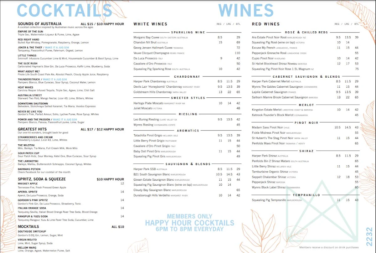 Menu, The Prince Kirrawee
