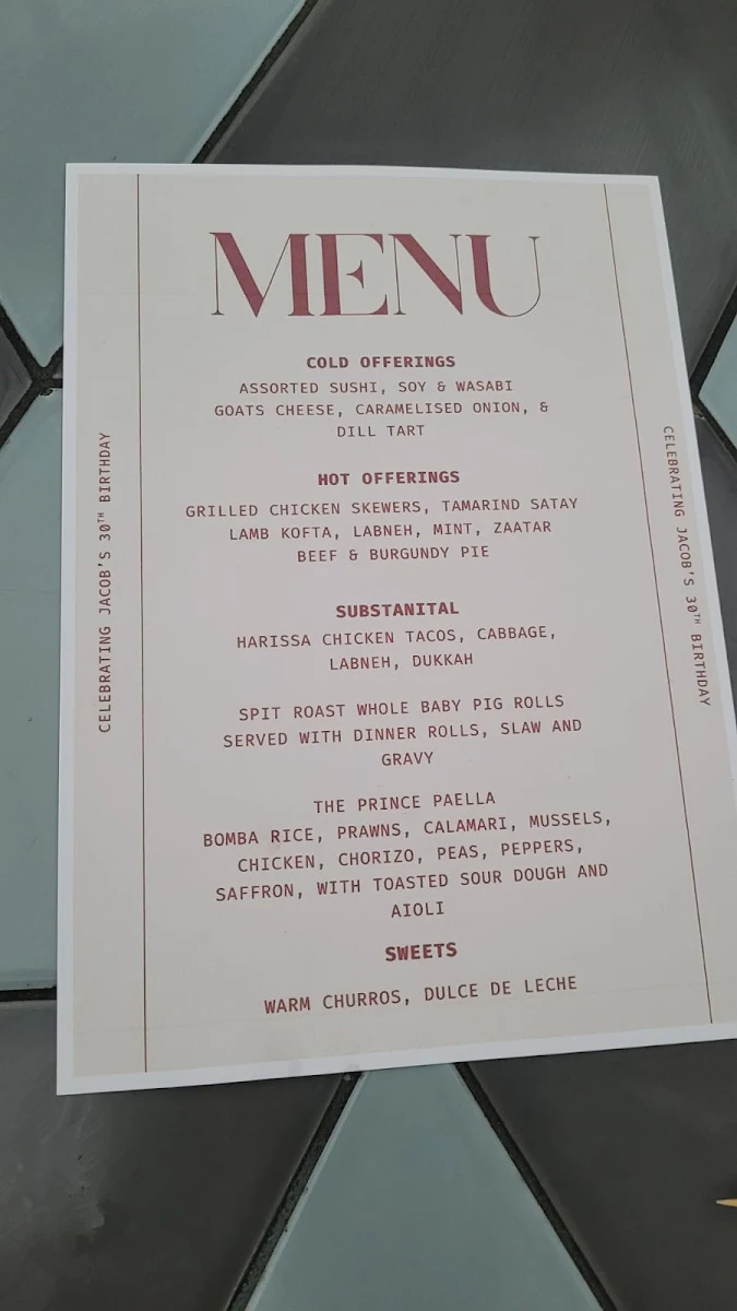 Menu, The Prince Kirrawee
