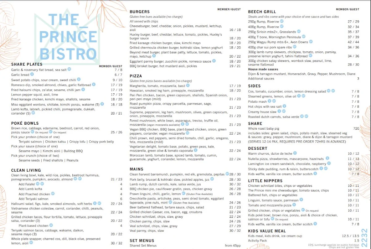 Menu, The Prince Kirrawee