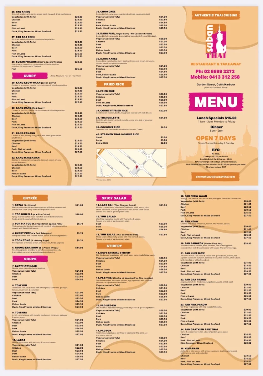 Menu, Suban Thai Restaurant