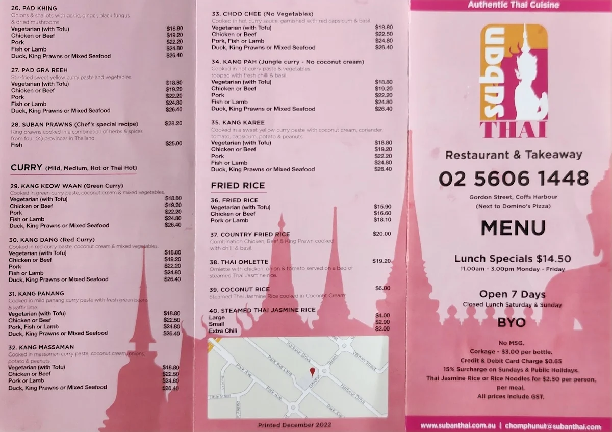 Menu, Suban Thai Restaurant