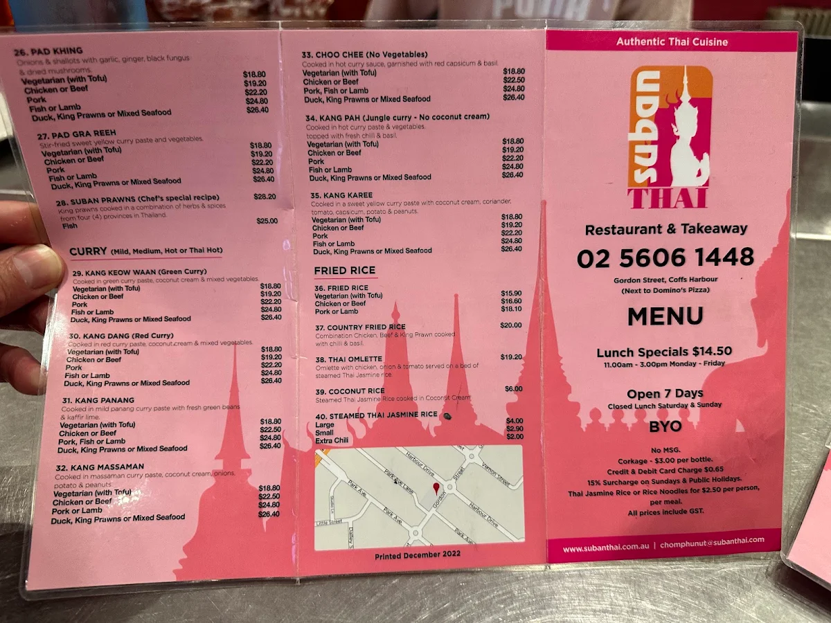Menu, Suban Thai Restaurant