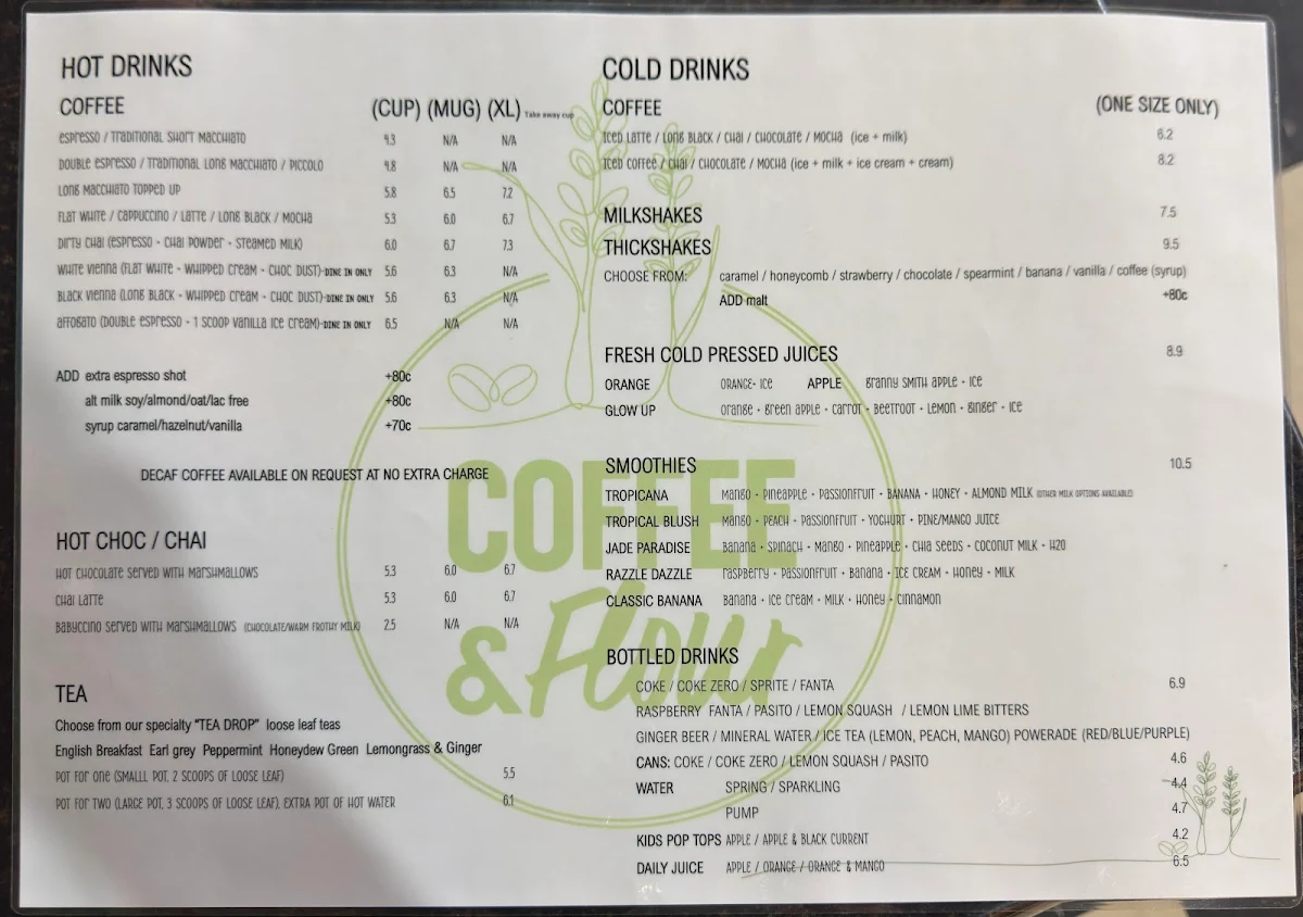 Menu, Coffee & Flour Cafe